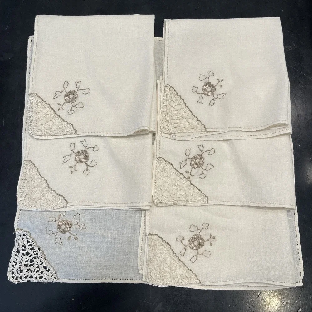 Vintage Linen Embroidered Crochet Tablecloth 6 Napkins Set Floral Scalloped Edge